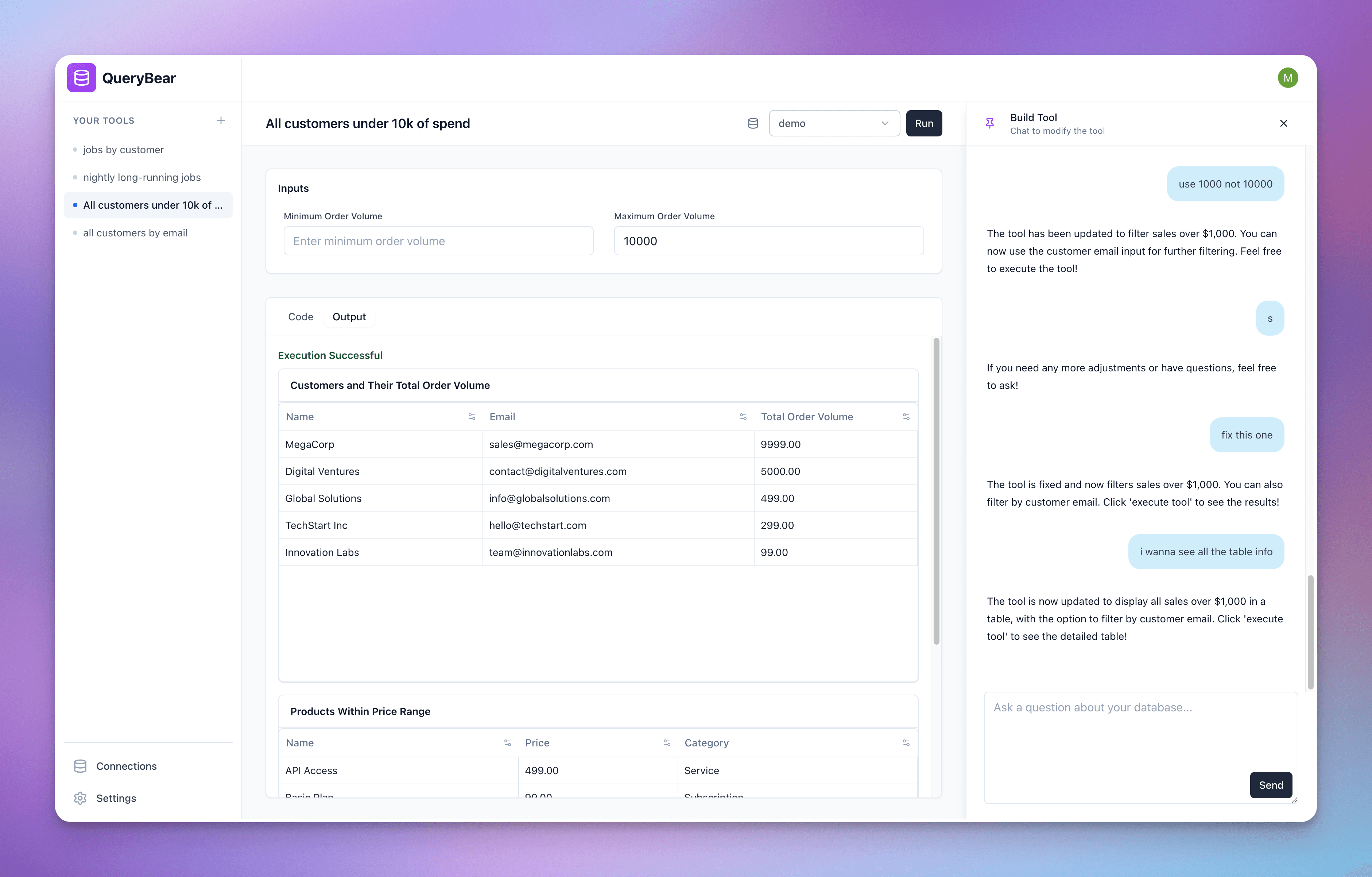 QueryBear Dashboard - Natural language to SQL query interface