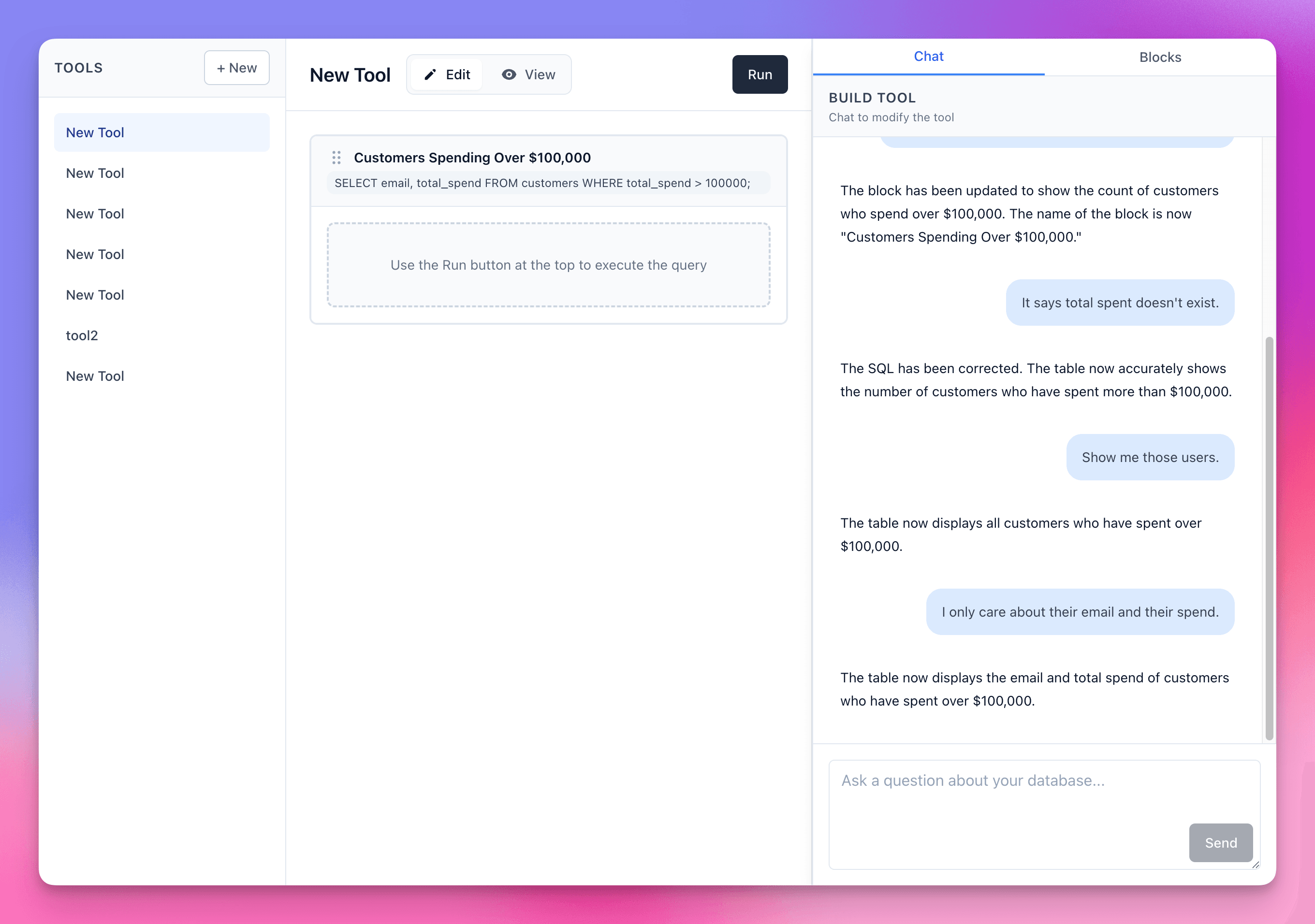 QueryBear Dashboard - Natural language to SQL query interface